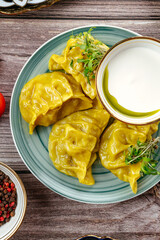 boiled manti with meat. Uzbek cuisine.