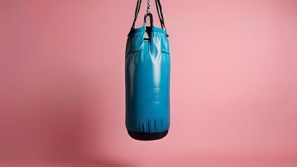 blue punching bag hanging from above