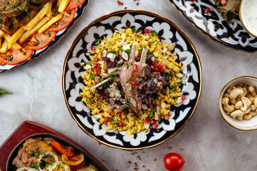 Uzbek pilaf with lamb meat . Uzbek cuisine.