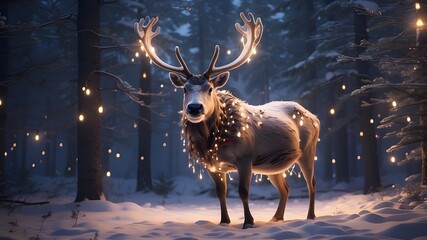 Fototapeta premium AI-generated picture of reindeer in a snowy woodland at dusk, lit up with Christmas lights