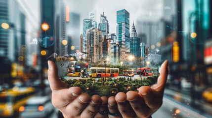 Dynamic Urban Mobility Hands Hold Cityscape with Moving Trains Buses and Bikes Vibrant Transportation Scene Captured in Motion