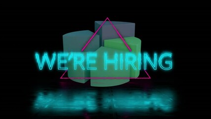 We're Hiring text animation over geometric shapes with neon lights