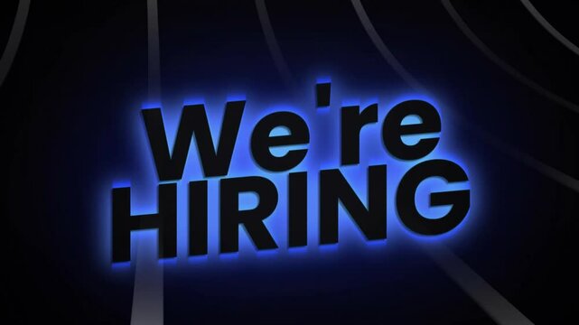 We're hiring text animation with glowing blue effect on dark background