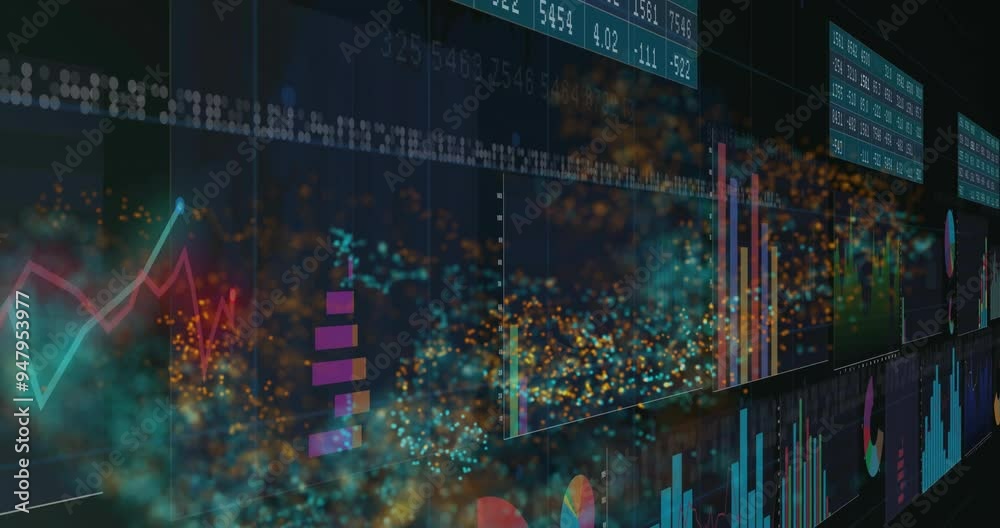 Poster colorful bar graphs and data points animation over abstract background