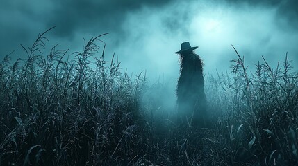 Spooky animated scarecrow in a misty cornfield on Halloween night, perfect for Halloween-themed designs and promotions with copy space.