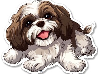 Cartoon illustration of a brown and white dog lying down.