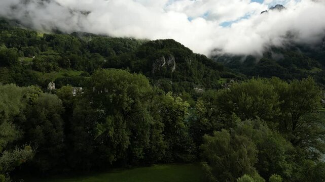 Nature Walensee lake Weesen Linth Switzerland, forest mountain village, aerial