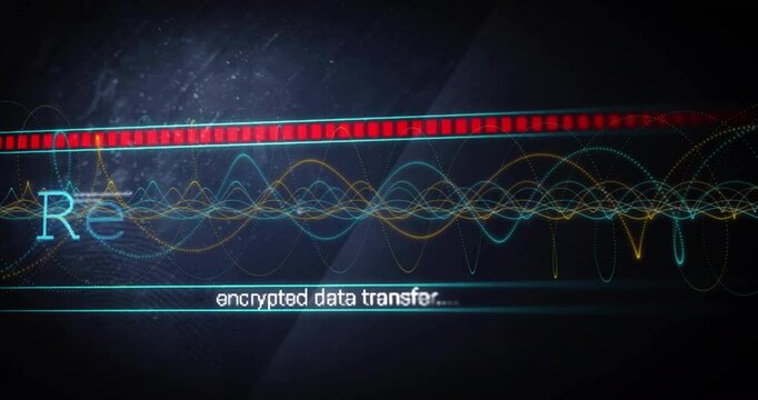 Colorful waveforms and text animating encrypted data transfer