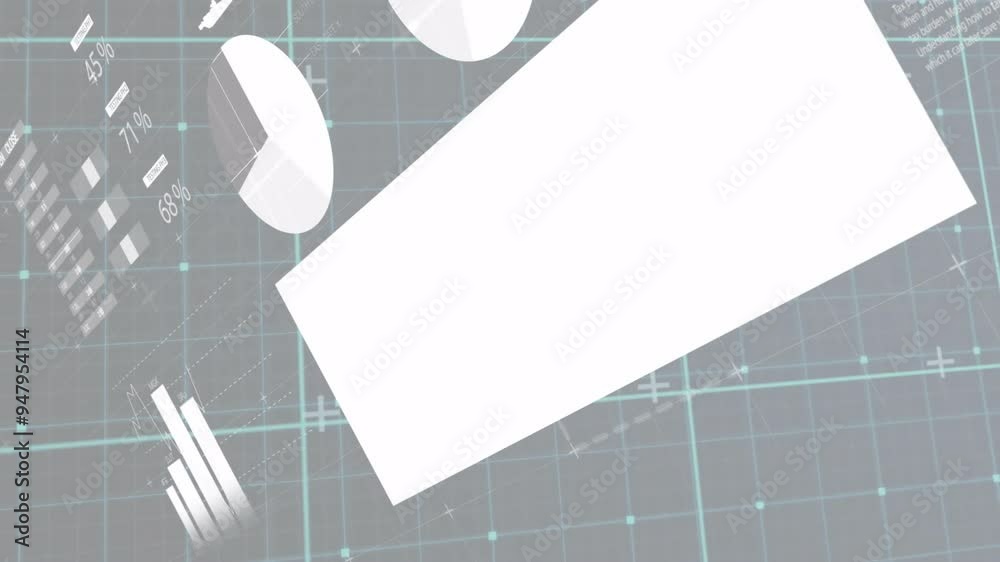 Poster animating pie charts and text data over grid background