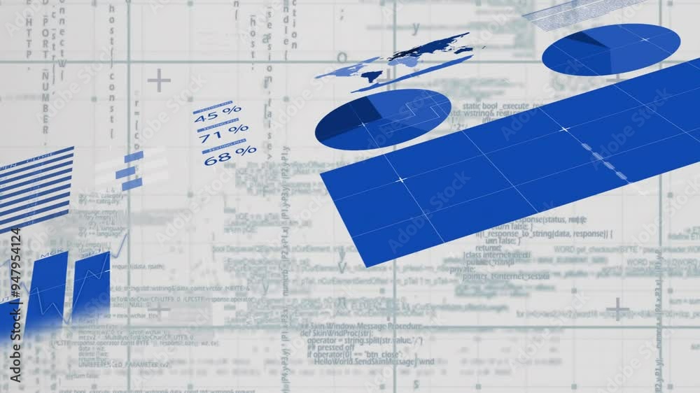 Poster blueprint-style animation over world map and financial data