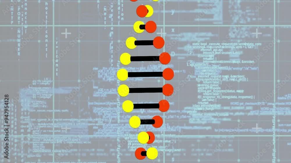 Poster dna strand animation over computer code and data processing background