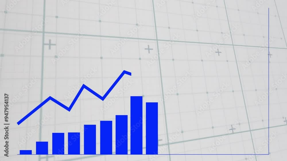 Poster blue bar chart and line graph animation over grid background