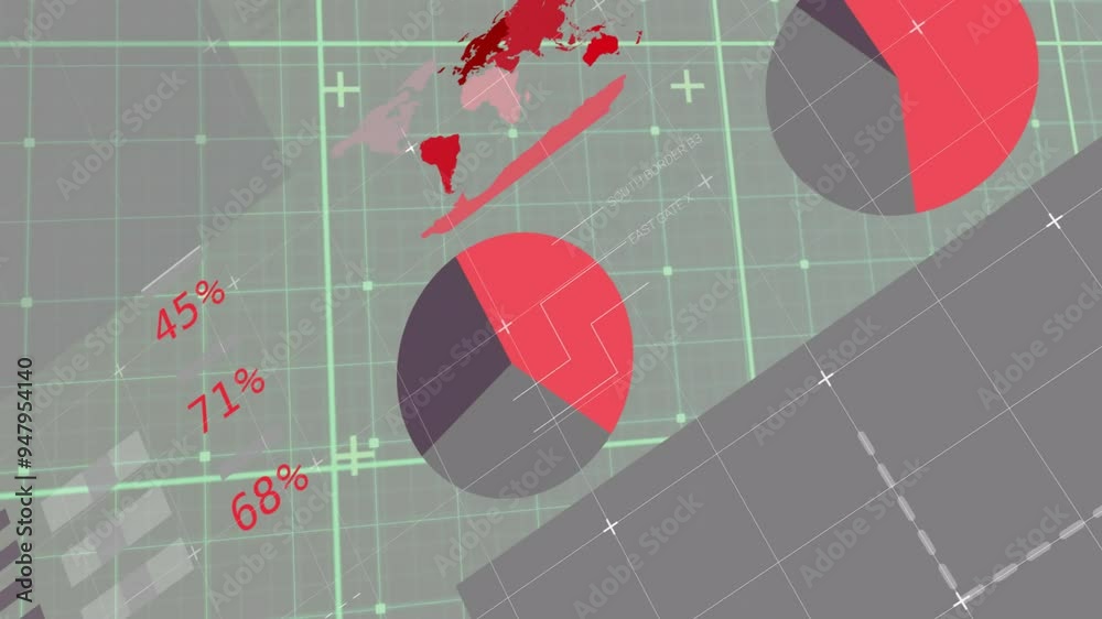 Poster world map and pie chart data visualization animation over grid background