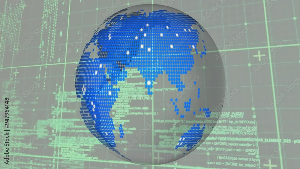 Poster rotating digital globe with data processing animation over grid background