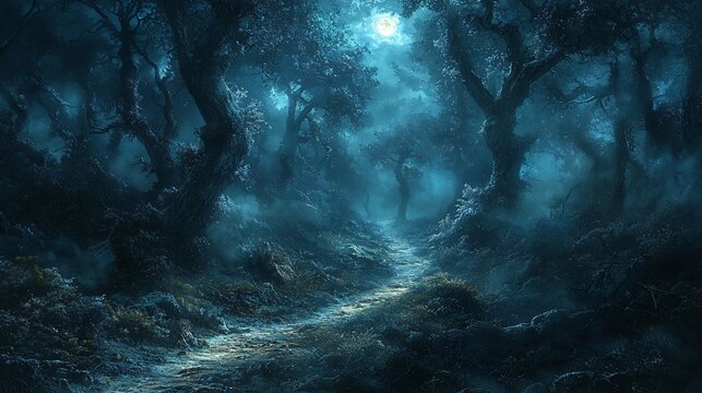 A dark, eerie forest scene ideal for Halloween promotions, evoking mystery and spookiness with room for text.