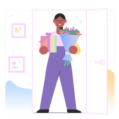 Boy standing in open door with present and flowers