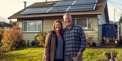 Happy couple outside solar home