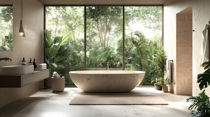 Fototapeta premium A serene bathroom with large windows showcasing a lush garden view, featuring a freestanding stone bathtub, natural wood accents, and greenery throughout