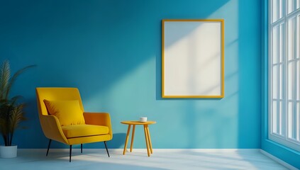 Yellow Armchair and Side Table in a Blue Room with Sunlight Streaming in Through a Window