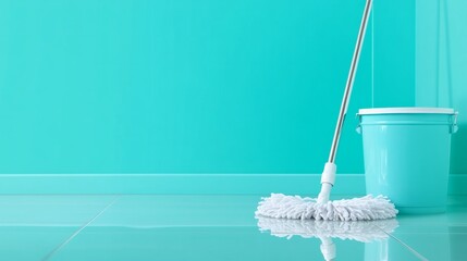 Clean and minimalist scene with a mop and bucket placed on a shiny, reflective floor