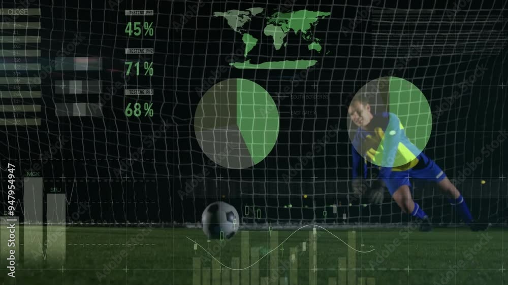 Poster soccer player diving to save ball with data analysis animation over net