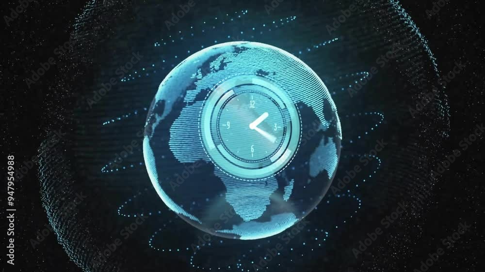 Poster digital clock animation over rotating globe with data points and lines