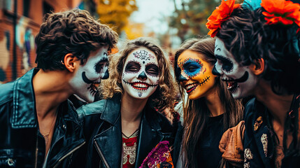 Obraz premium Group of friends celebrating the Day of the Dead in the street