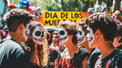 Group of friends celebrating the Day of the Dead in the street