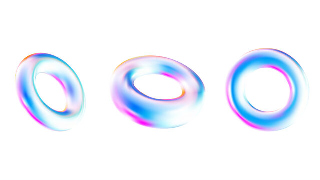 Set of Holographic geometric shapes object. Realistic torus for design. Geometric shape icon.