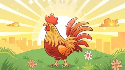 Cartoon rooster standing in a green field at sunrise.