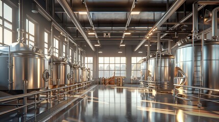 Industrial Elegance Inside a Modern Brewery with Stainless Steel Tanks and Pipes Craft Beer Production at its Finest