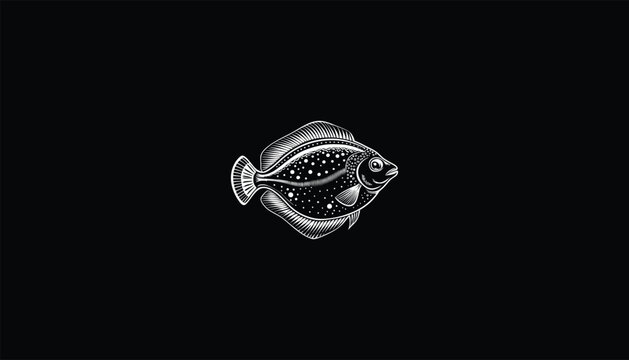 recommend clip art: "Flounder Fish Logo, Minimalist Vector Design, Flat Oval Shape, Both Eyes on One Side, Smooth Patterned Skin, White Outline, Black Background, 