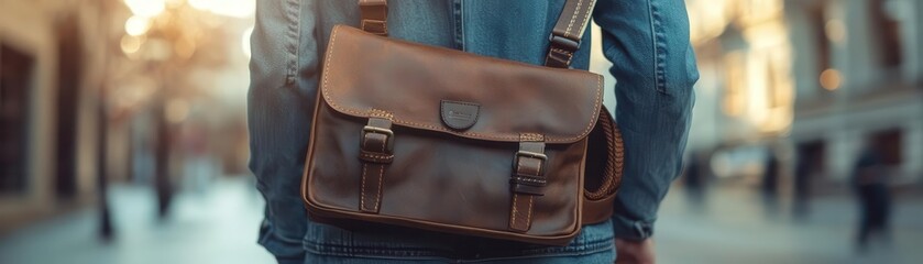 Messenger bag with strap slung over a shoulder, ready for work