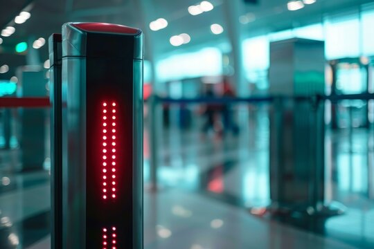Electronic boarding pass reader scanning tickets with red light at airport terminal gate