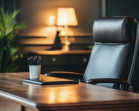 Nameplate with engraving on an office desk, displaying a professional name
