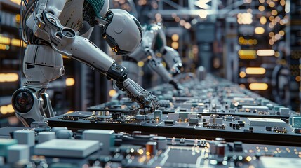 Fototapeta premium Precision Automation Robotic Arms in Action on Electronics Assembly Line