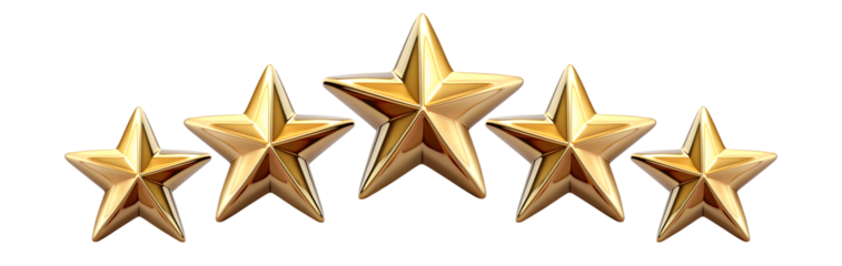 Five star rating review icon, golden 5 stars in a row, isolated on white transparent background, png element
