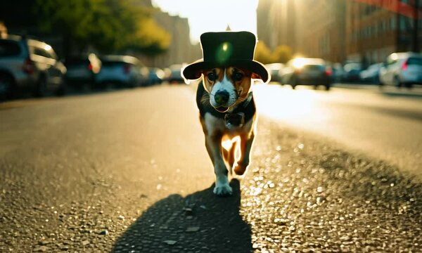 Close-up of a dog walking on rough asphalt wearing a tiny black bowler hat, handheld camera follows the dog in motion