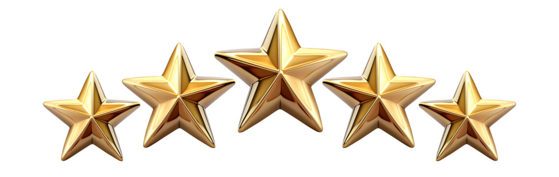 Five star rating review icon, golden 5 stars in a row, isolated on white transparent background, png element