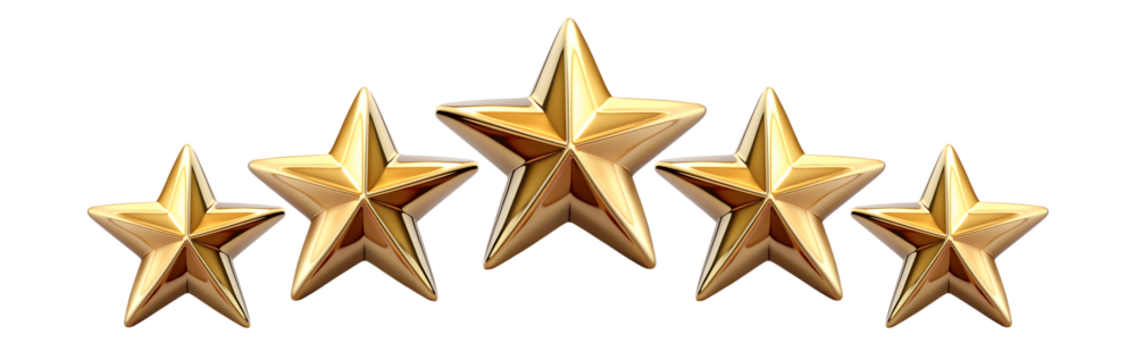 Five star rating review icon, golden 5 stars in a row, isolated on white transparent background, png element