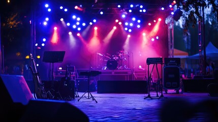 An empty music stage at a festival, with instruments set up and lights casting a glow on the scene.