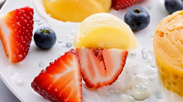 Enjoy a step-by-step guide to creating a refreshing summer dessert with colorful sorbets and fresh strawberries and blueberries