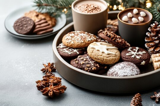A tray filled with assorted Christmas cookies, including chocolate, iced, and spiced varieties, along with mugs of hot cocoa and festive holiday decorations.