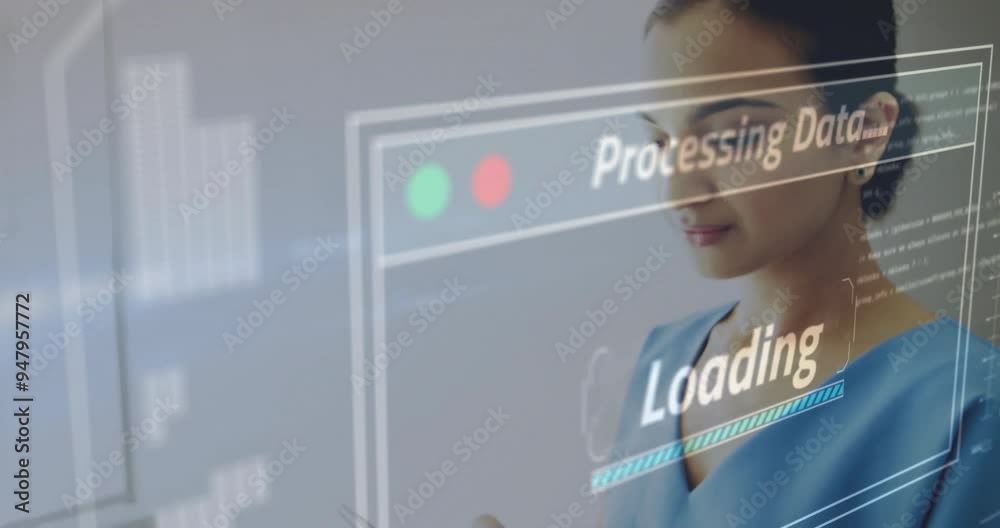 Poster processing data and loading animation over woman using smartphone