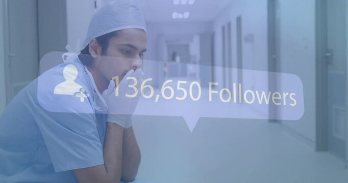 Thinking deeply, healthcare professional with 235,780 followers animation over hospital corridor