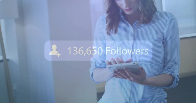 205,584 followers animation over woman using tablet in office