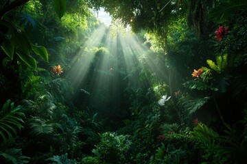 Fototapeta premium A captivating scene of a dense forest with radiant sunbeams illuminating the vibrant foliage and creating an enchanting and tranquil atmosphere.