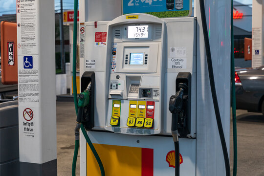 Beaverton, Oregon, USA-March 29, 2022- American famous Shell station high gas prices during the end of Covid-19 pandemic