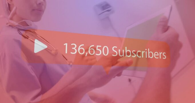 Medical professional using tablet with 143,073 Subscribers animation over image