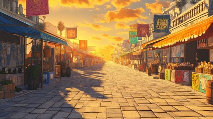 Fototapeta premium An empty festival market square, with vibrant stalls and banners, under the golden glow of sunset.